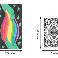 iris oracle deck card size of length 5 inches and width 2.75 inches compared to regular playing card of length 3.5 inches and width 2.5 inches