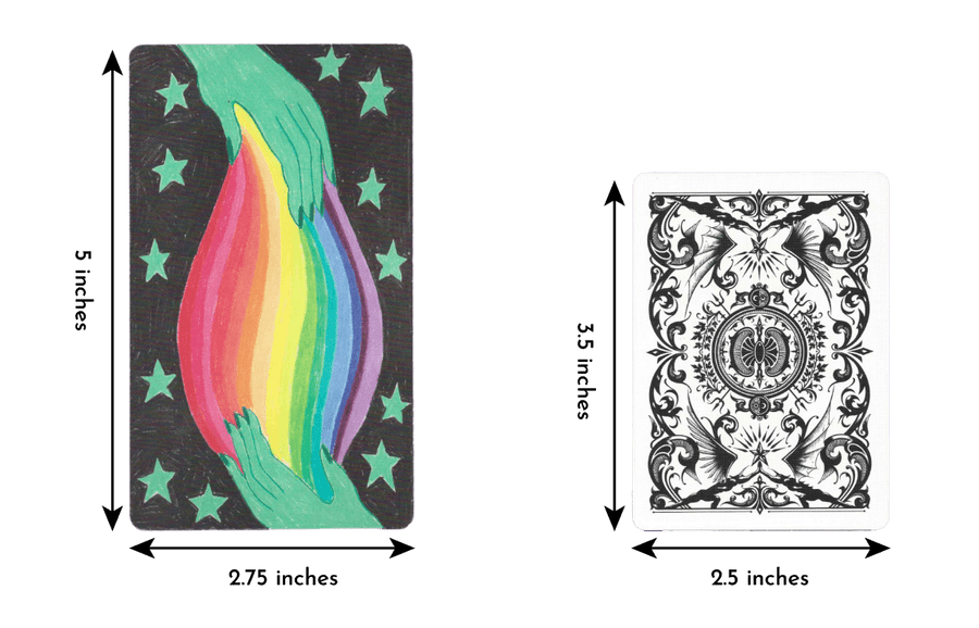 iris oracle deck card size of length 5 inches and width 2.75 inches compared to regular playing card of length 3.5 inches and width 2.5 inches