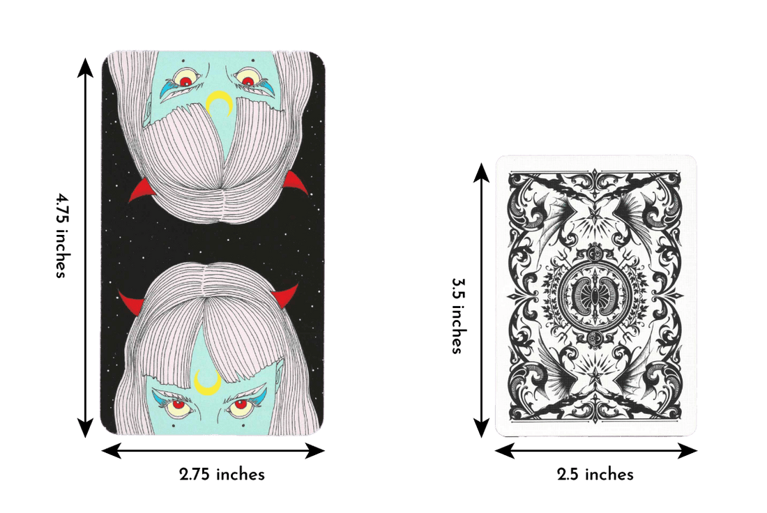 moon power tarot deck card size of length 4.75 inches and width 2.75 inches compared to regular playing card of length 3.5 inches and width 2.5 inches