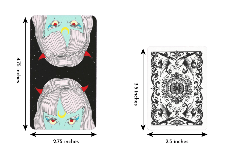 moon power tarot deck card size of length 4.75 inches and width 2.75 inches compared to regular playing card of length 3.5 inches and width 2.5 inches