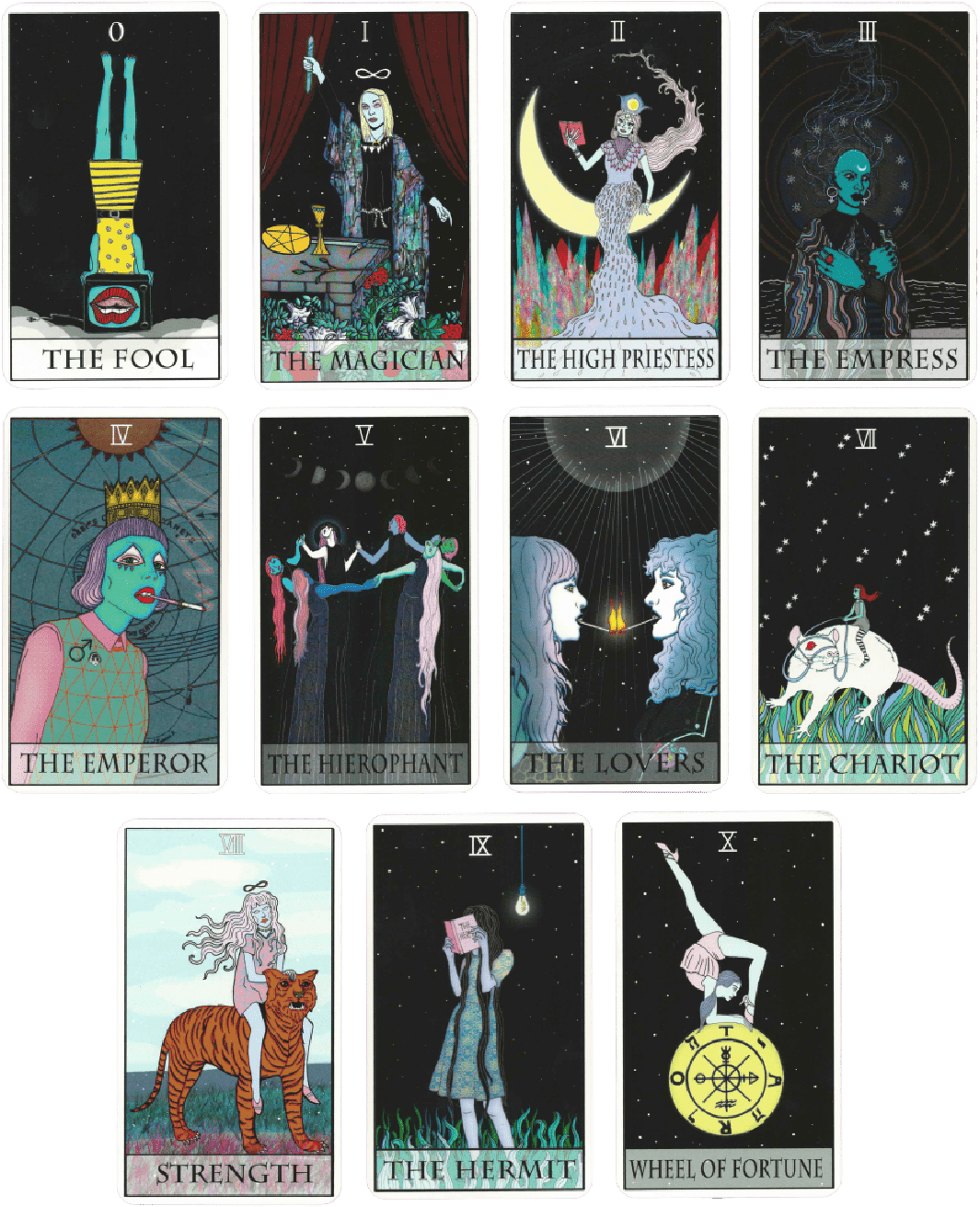 moon power tarot 2.0 deck major arcana cards by Charlie Quintero and Camille Smooch (Sick Sad Girls). Cards from zero to ten of major arcana of the moon power tarot deck