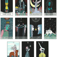 moon power tarot 2.0 deck major arcana cards by Charlie Quintero and Camille Smooch (Sick Sad Girls). Cards from zero to ten of major arcana of the moon power tarot deck