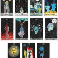 moon power tarot deck major arcana cards by Charlie Quintero and Camille Smooch (Sick Sad Girls). Cards from eleven to twenty one of major arcana of the moon power tarot deck