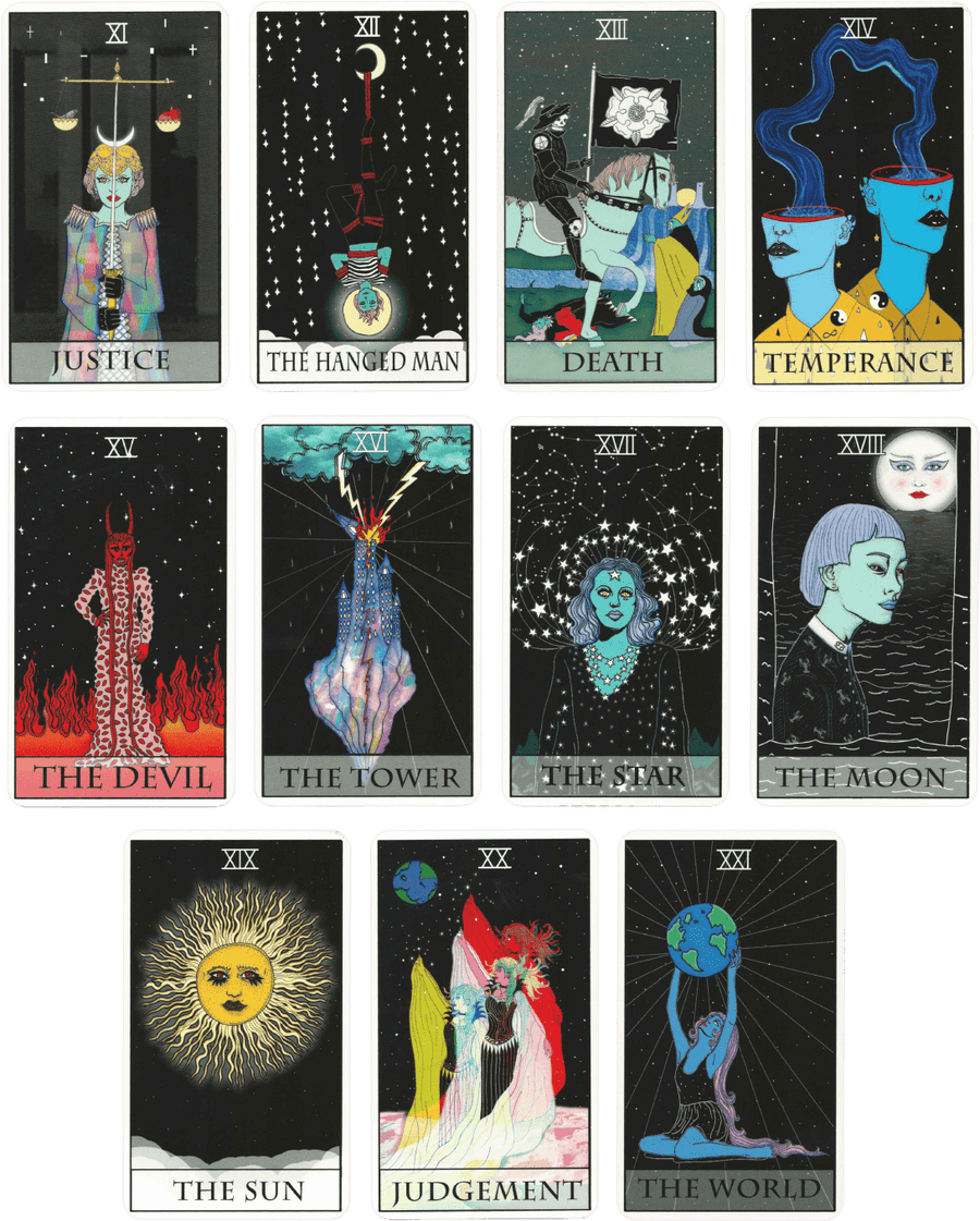 moon power tarot deck major arcana cards by Charlie Quintero and Camille Smooch (Sick Sad Girls). Cards from eleven to twenty one of major arcana of the moon power tarot deck