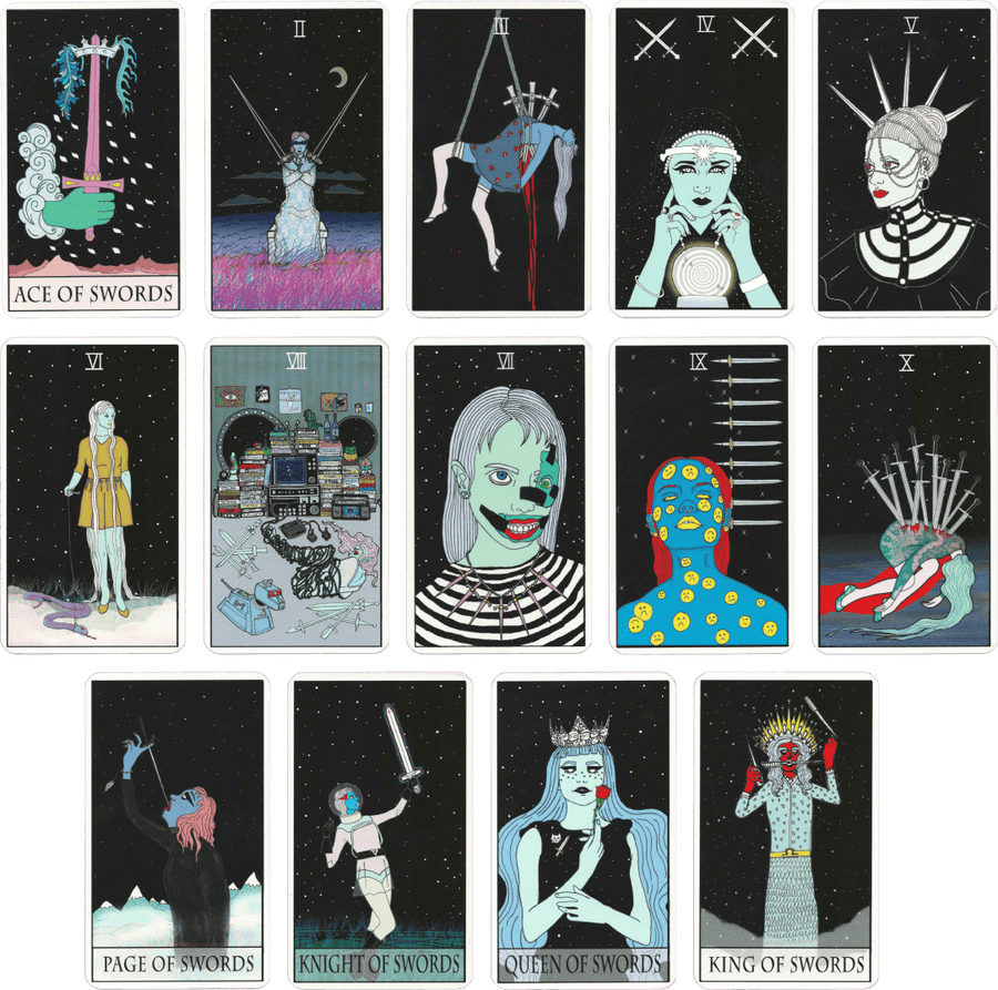 moon power tarot deck swords minor arcana cards by Charlie Quintero and Camille Smooch (Sick Sad Girls)