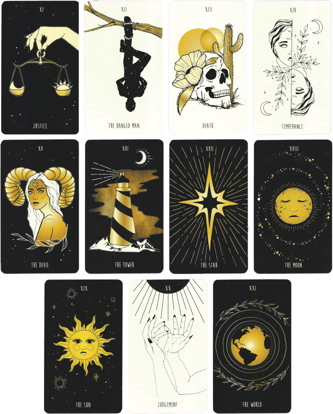 new moon tarot deck major arcana cards by Mélina Lamoureux (MeliThelover). Cards from eleven to twenty one of major arcana of new moon tarot deck