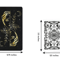 new moon tarot deck by Mélina Lamoureux (MeliThelover) card size of length 4.75 inches and width 2.75 inches compared to regular playing card of length 3.5 inches and width 2.5 inches