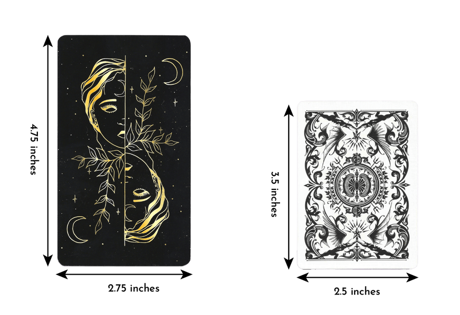 new moon tarot deck by Mélina Lamoureux (MeliThelover) card size of length 4.75 inches and width 2.75 inches compared to regular playing card of length 3.5 inches and width 2.5 inches