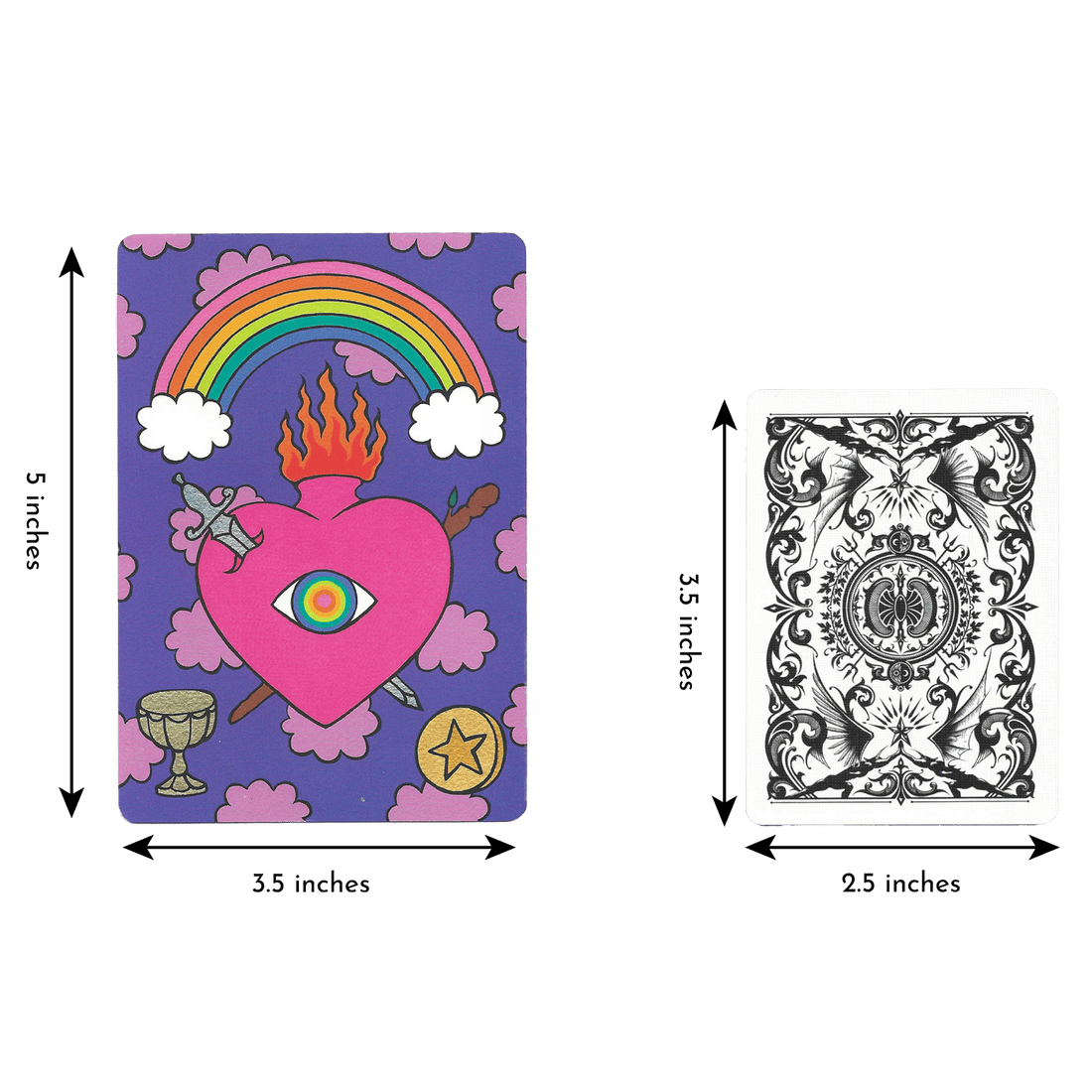 Size comparison rainbow heart tarot card height 5 inches and width 3.5 inches with regular playing card 3.5 inches and 2.5 inches.