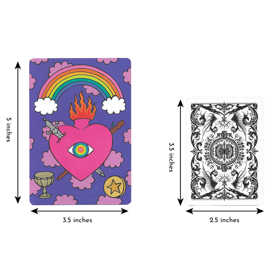Size comparison rainbow heart tarot card height 5 inches and width 3.5 inches with regular playing card 3.5 inches and 2.5 inches.