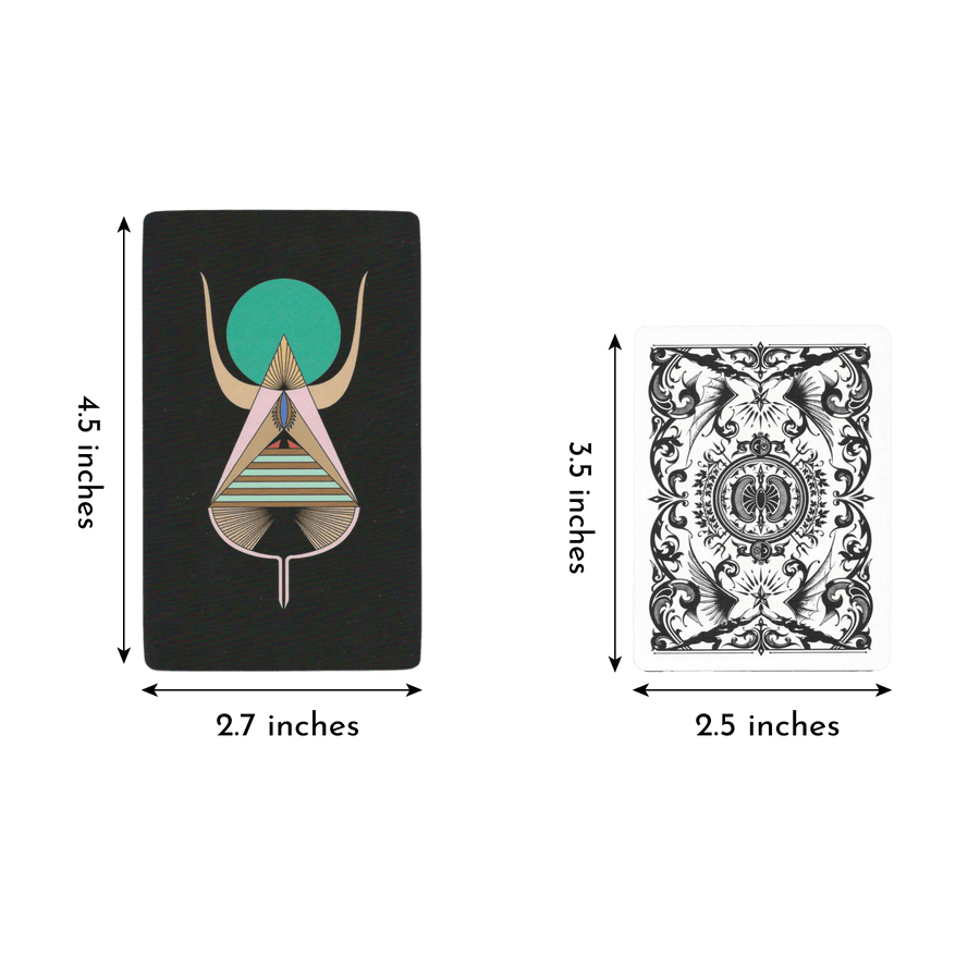 serpentfire tarot seventh edition tarot deck by devany amber wolfe (SERPENTFIRE) card size of length 4.5 inches and width 2.7 inches compared to regular playing card of length 3.5 inches and width 2.5 inches