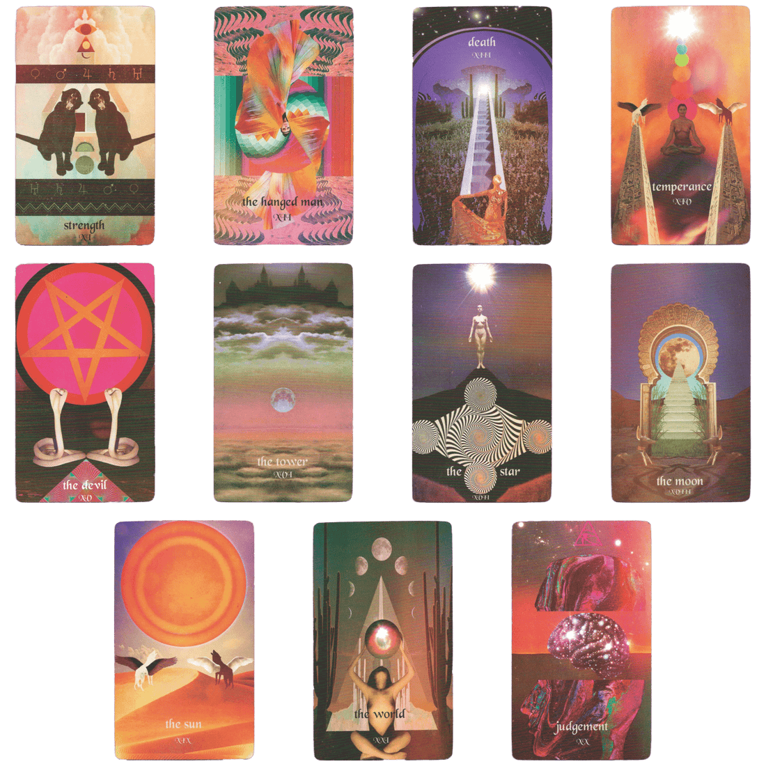 serpentfire tarot seventh edition deck major arcana cards by devany amber wolfe (SERPENTFIRE). Cards from eleven to twenty one of major arcana of serpentfire tarot seventh edition tarot deck