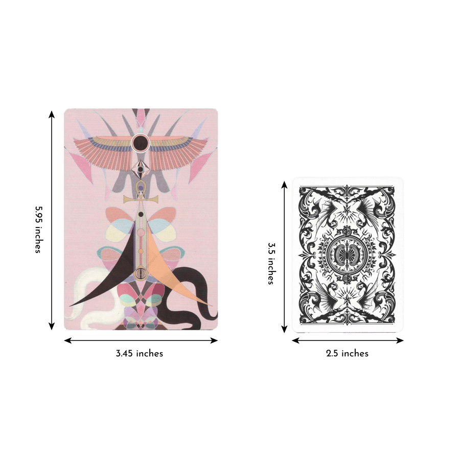 she wolfe tarot fourth edition deck by devany amber wolfe (SERPENTFIRE) card size of length 5.95 inches and width 3.45 inches compared to regular playing card of length 3.5 inches and width 2.5 inches