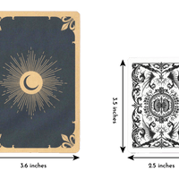 soul whispers oracle deck card of length 5.2 inches and width 3.6 inches compared to regular playing card of length 3.5 inches and width 2.5 inches