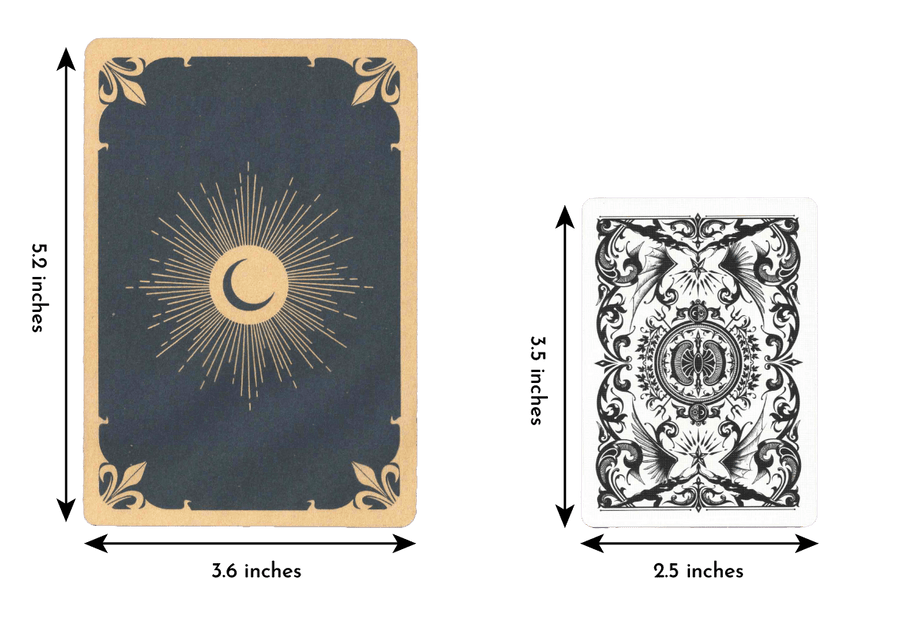 soul whispers oracle deck card of length 5.2 inches and width 3.6 inches compared to regular playing card of length 3.5 inches and width 2.5 inches