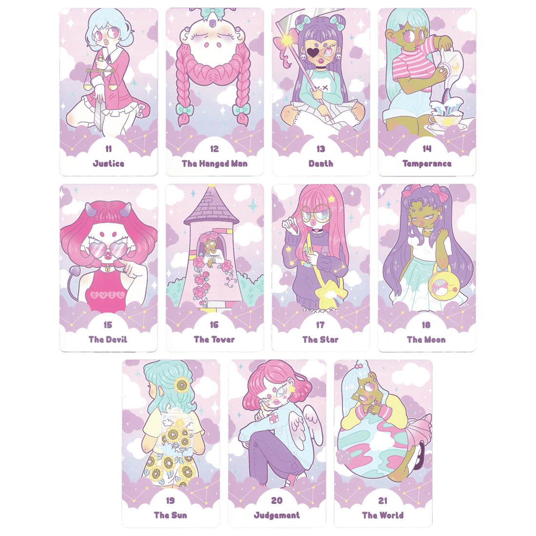 the pastel journey tarot deck by Vanessa Somuayina (Beau Life) major arcana cards 11 to 21