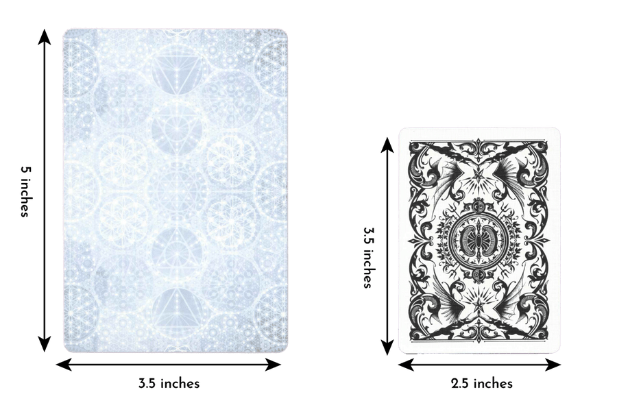 Comparing the length and width of the starchild tarot classic deck card of length 5 inches and width 3.5 inches to a regular playing card of length 3.5 inches and width 2.5 inches.