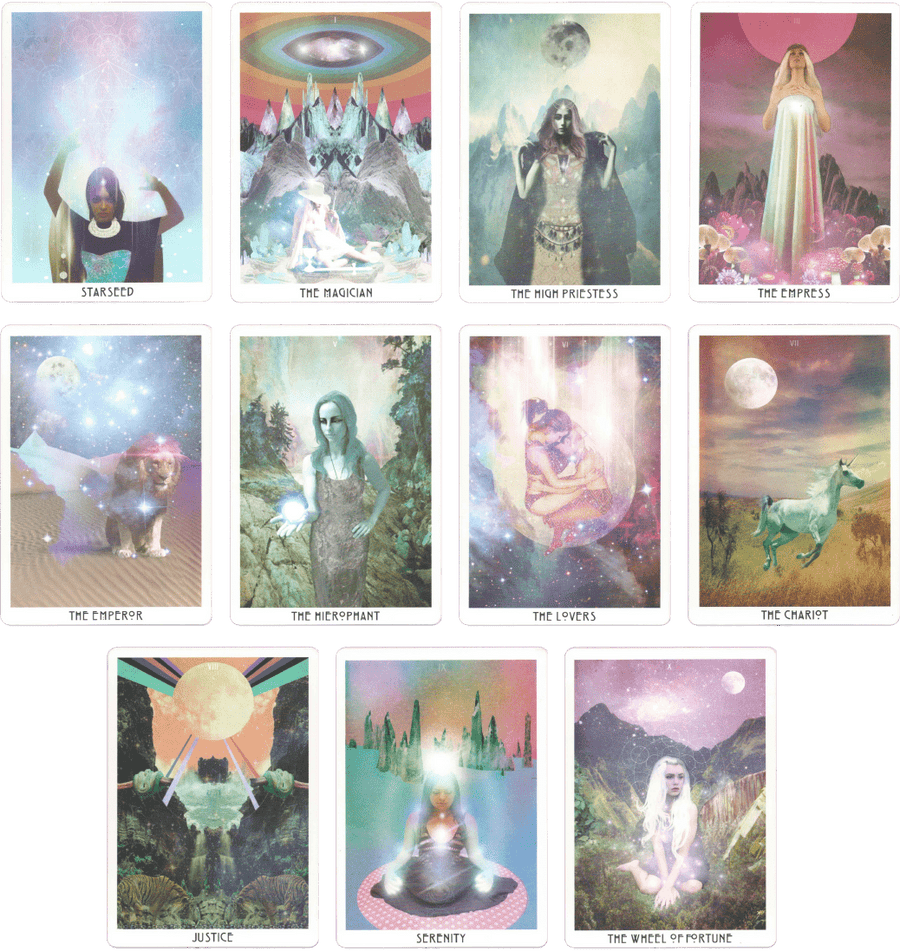 Major arcana cards of the starchild Tarot deck by danielle noel (Starseed Designs inc.). Cards from zero to ten of major arcana of the starchild Tarot deck