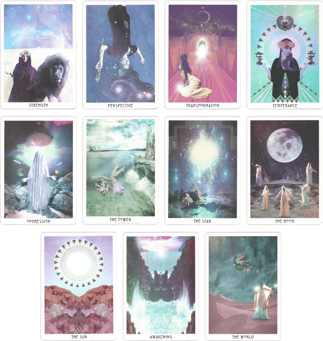 Major arcana rest of cards of the starchild Tarot deck by danielle noel (Starseed Designs inc.). Cards from eleven to twenty one of major arcana of the starchild Tarot deck