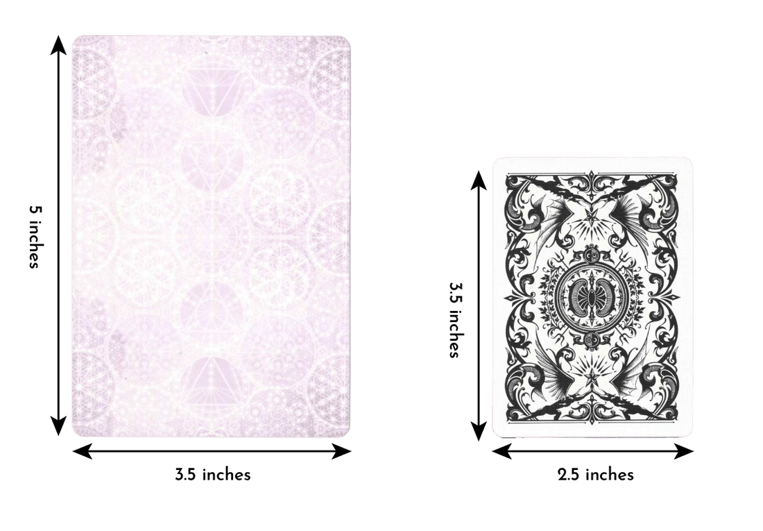 Comparing the length and width of the starchild tarot Rose portal deck card of length 5 inches and width 3.5 inches to a regular playing card of length 3.5 inches and width 2.5 inches.
