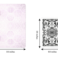 Comparing the length and width of the starchild tarot Rose portal deck card of length 5 inches and width 3.5 inches to a regular playing card of length 3.5 inches and width 2.5 inches.