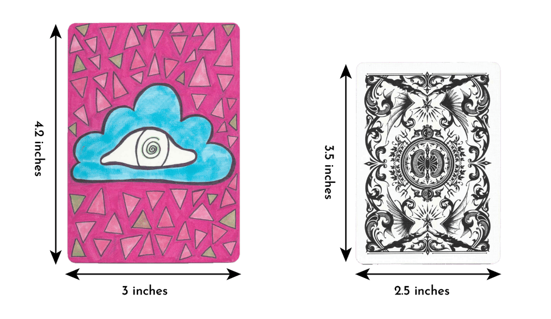 vessel oracle deck card of length 4.2 inches and width 3 inches compared to a regular playing card of length 3.5 inches and width 2.5 inches